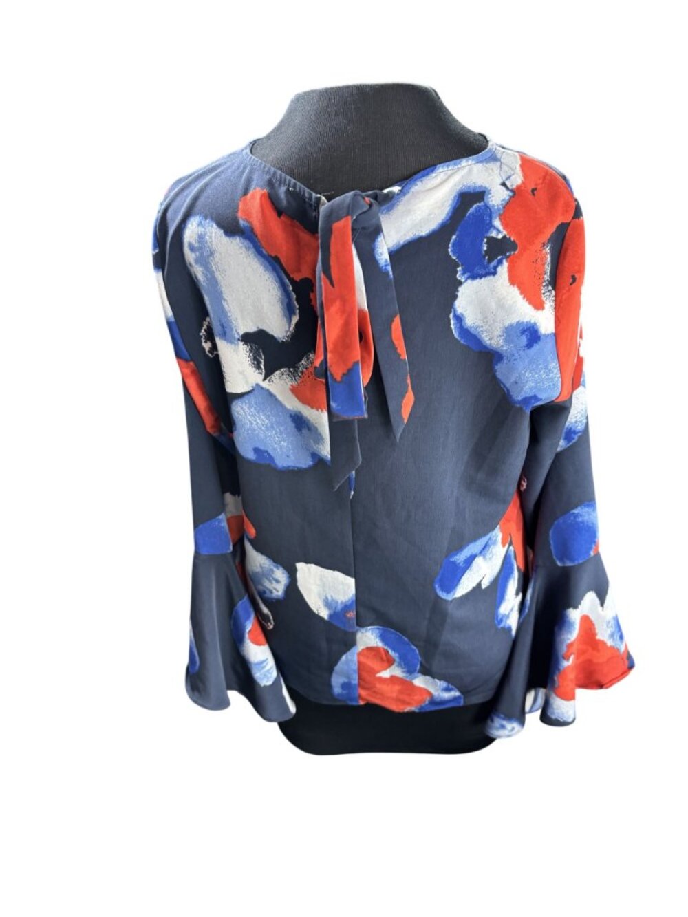 Floral Print Long-Sleeve Blouse With Tie Back & Flared Cuffs By Halston Womens M - Picture 3 of 9